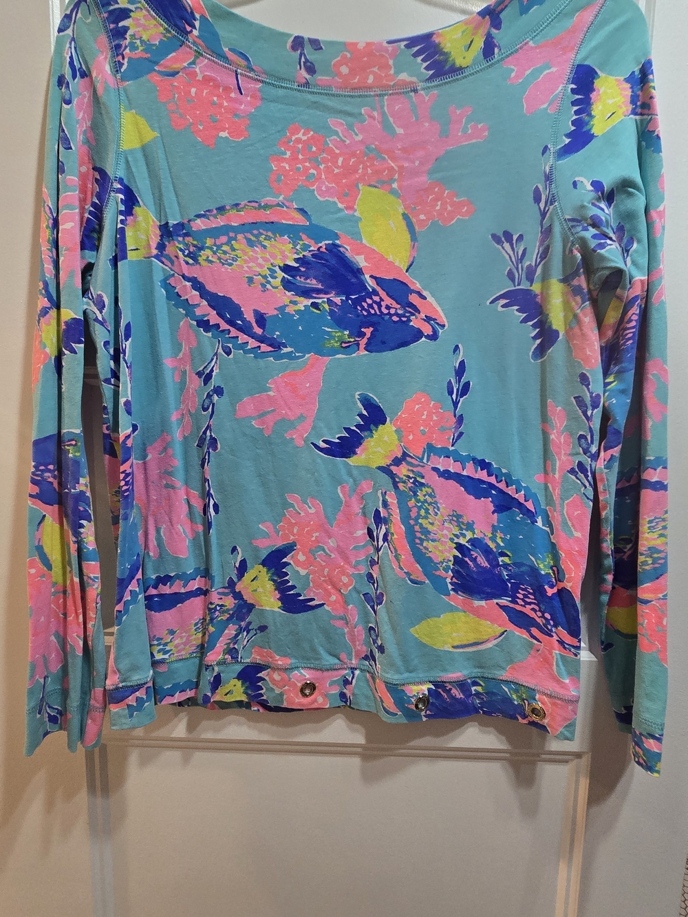 Lilly Pulitzer Teal Long Sleeve Fish & Coral Print Top Size L